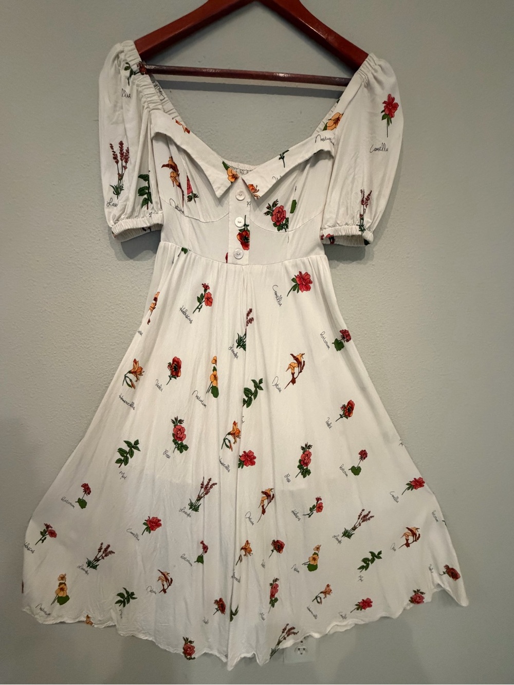 White Floral Puff-Sleeve Midi Dress